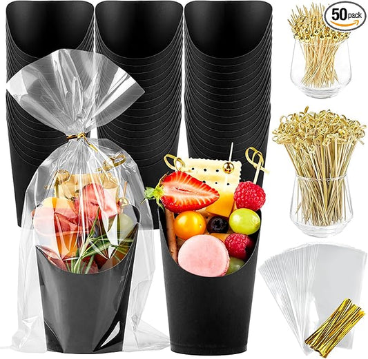 50 Sets 14 oz Charcuterie Cups with Sticks and Bags, Individual Black Paper Charcuterie Boxes Disposable Individual Appetizer Serving Cups (50 Cups + 200 Cocktail Picks + 50 Bags + 50 Ties)