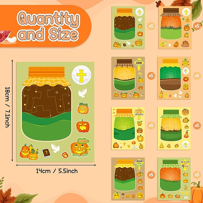 CY2SIDE Fall Religious Pumpkin Jar Sticker - 40PCS Fall Jesus Cross Pumpkin Jar Scene Make a Face Sticker Games for Kids Classroom Rewards, Autumn Theme Thanksgiving Church Sunday School Activities