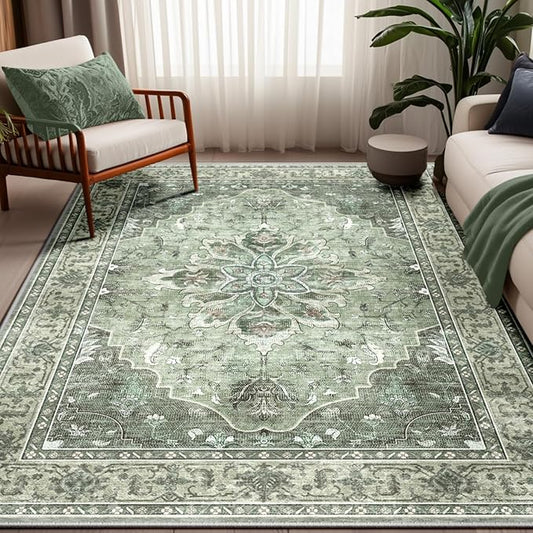 Area Rugs 6'x9' Washable Non-Slip, Floral Vintage Distress Print Pattern Medallion Carpet for Living Room Bedroom Dining Room, Dark Green Gray