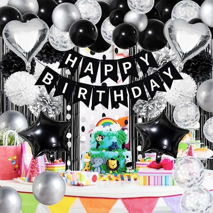 ZERODECO Black White Birthday Party Decorations, Happy Birthday Banner Pompoms White Black Balloon Arch Fringe Curtain Party Décor for Men Women Black and White Party
