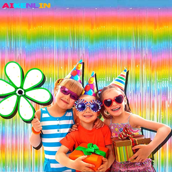 4 Pack 3.2Ft x 9.8Ft Macaron Rainbow Foil Fringe Curtain Backdrop, Foil Fringe Streamers Curtains for Party, Photo Booth Props, Birthday, Wedding, Christmas Party Decoration Supplies