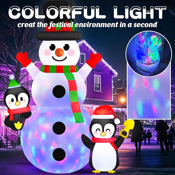 Danxilu 6FT Christmas Inflatable Snowman with Penguins Built-in Rotating Colorful LED Lights Outdoor Decorations- Blow Up Snowman and 2 Penguins Decor for Yard Garden Lawn Porch Xmas Holiday Party