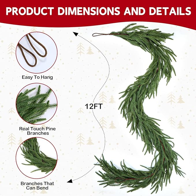 Faux Norfolk Pine Christmas Garland – Real Touch Greenery Artificial Cedar Christmas Garland for Fireplace Mantel, Staircase, Door Frame, Holiday Indoor Winter Décor (12FT)