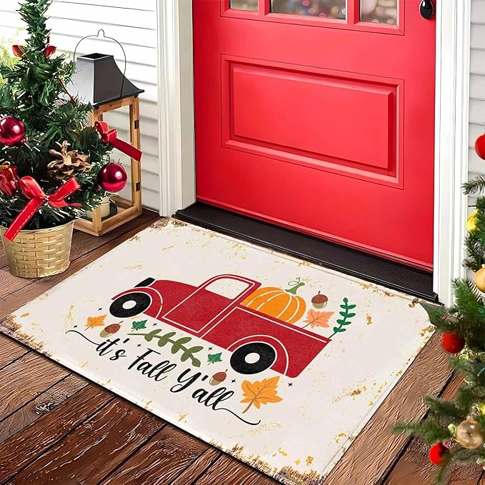 Fall Door Mat, Pumpkin Truck Welcome Mats Outdoor Autumn Doormats for Front Door Decorations Autumn Harvest Vintage Thanksiving, 30"x18"inch