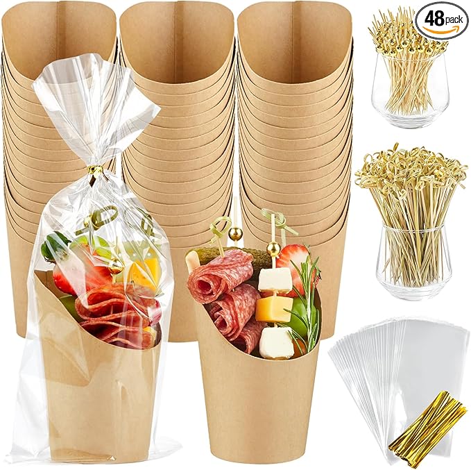 50 Sets 14 oz Charcuterie Cups with Sticks, Individual Kraft Paper Charcuterie Boxes Disposable Individual Appetizer Serving Cups (50 Cups + 200 Cocktail Picks + 50 Bags + 50 Ties)