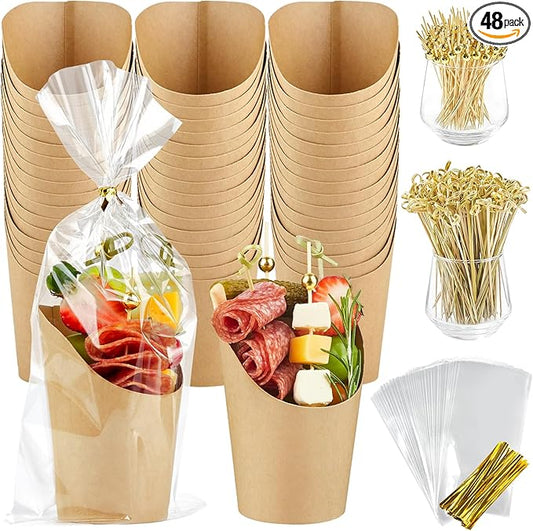 50 Sets 14 oz Charcuterie Cups with Sticks, Individual Kraft Paper Charcuterie Boxes Disposable Individual Appetizer Serving Cups (50 Cups + 200 Cocktail Picks + 50 Bags + 50 Ties)
