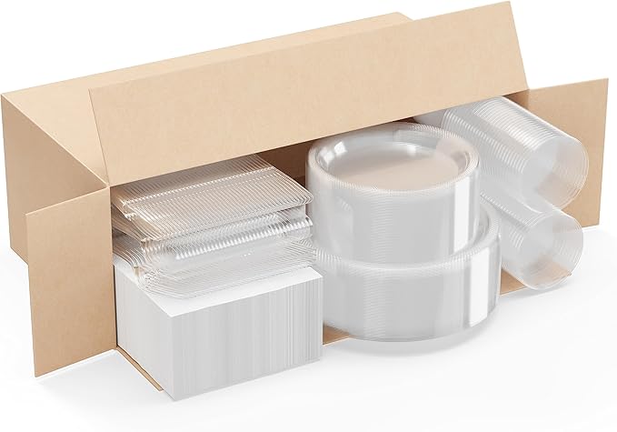 Party Solids 350 Pieces Clear Plastic Plates For Party, Clear Disposable Plates Set, 50 Of Each 9" Dinner Plate Set, 7" Dessert Plate, Cups, Napkins & Cutlery Plastic Dinnerware