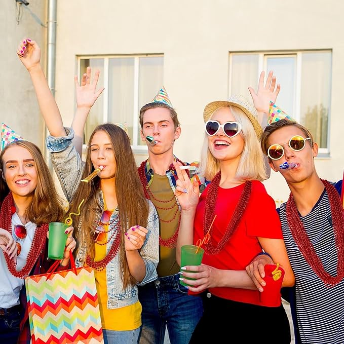 12PCS Bead Necklace, Red Christmas Beads Costumes Party Favors, 33" Beaded Necklace Festival Parade Throw Accessory Sets for Valentines Mardi Gras Christmas Celebrations Decorations