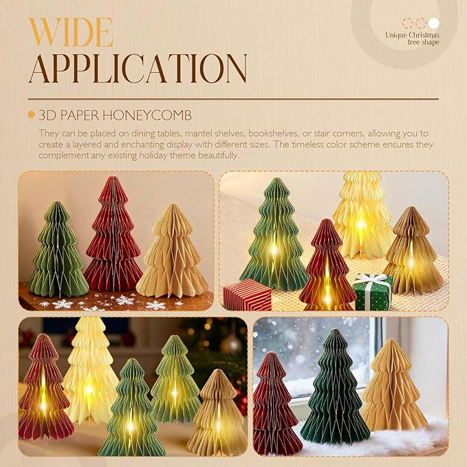 5Pcs Christmas Table Decorations Indoor, 3D Honeycomb Paper Christmas Trees, Light Up Green Red Beige Vintage Table Centerpieces for Christmas Winter Wonderland Holiday Party Home Decor, 8/10/12 Inch