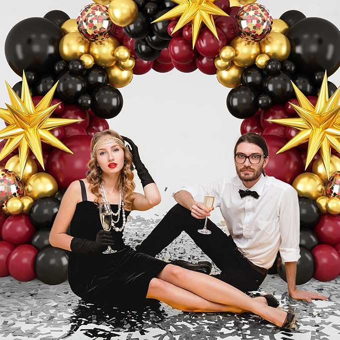 Burgundy Balloon Arch Kit, Black Red Gold Balloon Garland with Star Foil Balloons for Graduation Grad Celebrations Anniversary Wedding Decorations