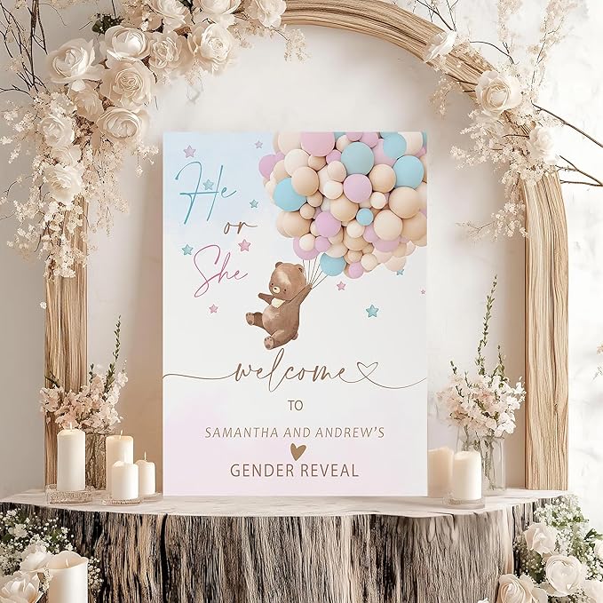 Gender Reveal Welcome Sign – Teddy Bear Balloon Theme,Personalized Teddy Bear Gender Reveal Welcome Sign, He or She Yard Sign, Boy or Girl Gender Reveal Sign, We Can Bearly Wait Gender Reveal .1