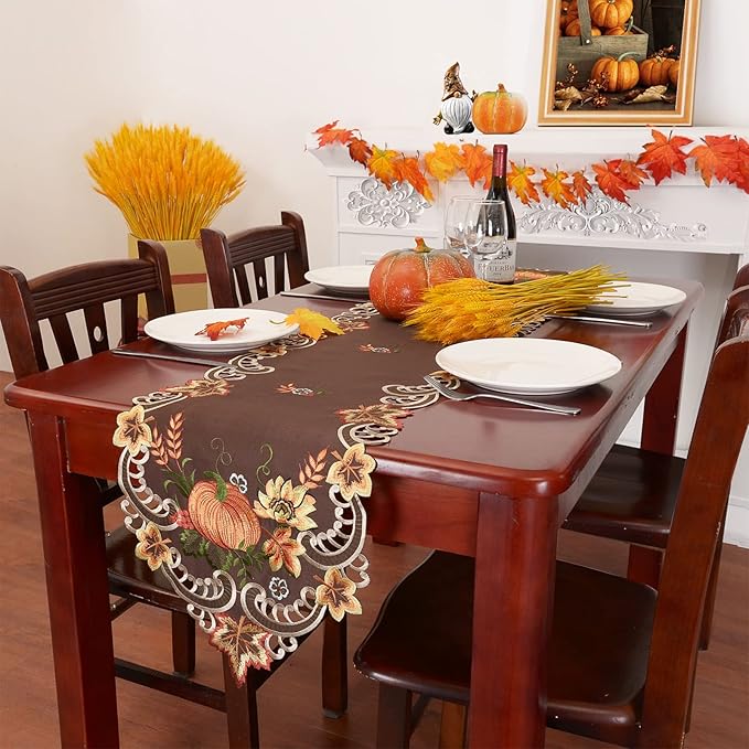 Simhomsen Brown Embroidered Thanksgiving Harvest Pumpkins Table Runners for Autumn Or Fall Decorations (14 × 54 Inches)