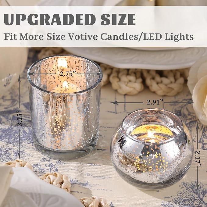 Volens 30pcs Assorted Silver Votive Candle Holders Bulk, Large Silver Wedding Centerpieces for Tables, Mercury Glass Votive & Tealight Candle Holders for Party Decorations and Home Decor