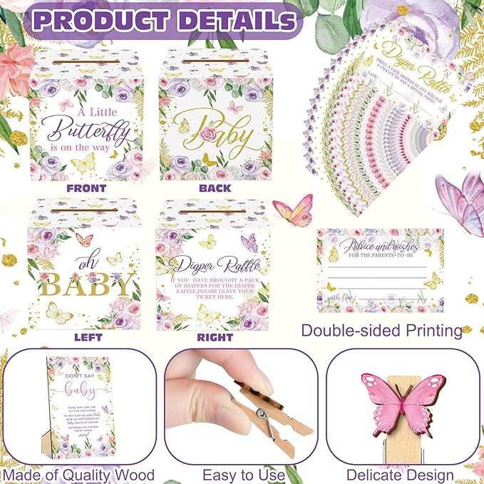 102 Pcs Butterfly Baby Shower Game Supplies Diaper Raffle Tickets with Diaper Raffle Card Box Don't Say Baby Sign Mini Butterfly Clothespin Game Decor for Gender Reveal Favor