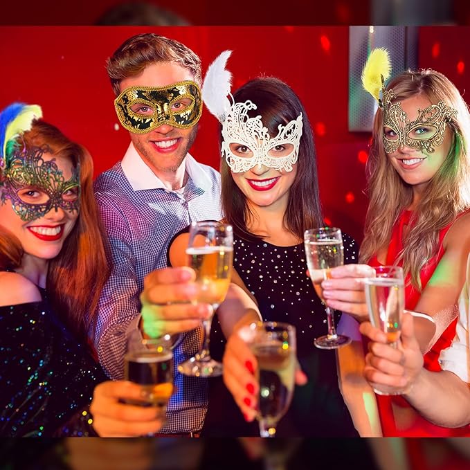 Sratte Couple Masquerade Mask with Feather Flower Unisex Half Face Venetian Mask for Mardi Gras Party