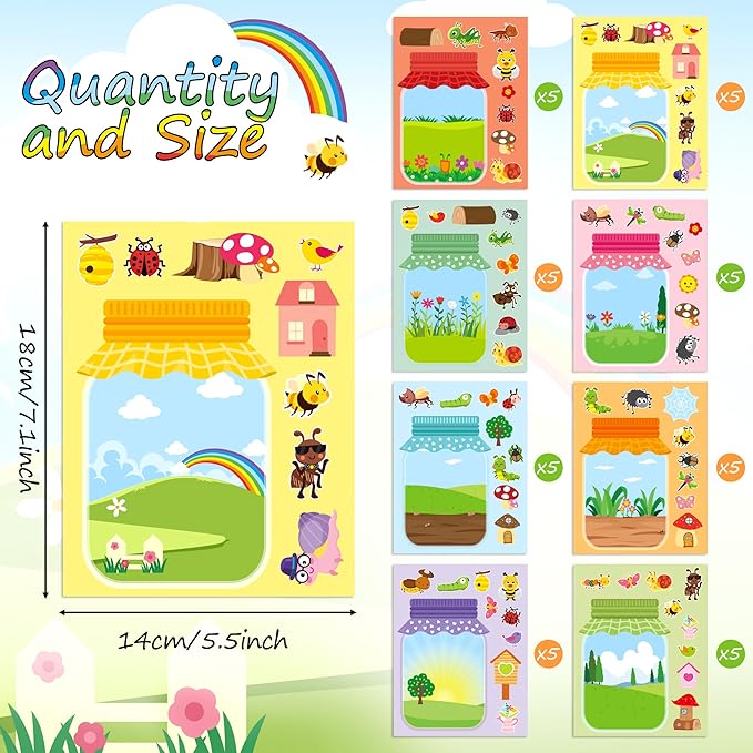 CY2SIDE Summer Bugs Jar Scene - 40PCS Insects Make a Face Sticker Sheets for Kids DIY Your Own Summer Animal Ladybug Bee Craft Games for School Classroom Activities Holiday Party Favor Gifts for Girls