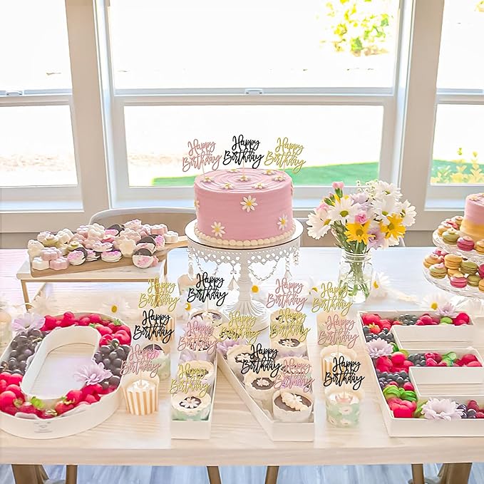 24 PCS Happy Birthday Cupcake Toppers Glitter Happy Birthday Cupcake Picks for Celebrating Anniversary Theme Party Cake Decorations Supplies Gold Black Rose Gold