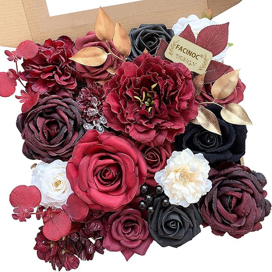 Roses Artificial Flowers Burgundy Fake Flower Bulk with Stems for DIY Wedding Bouquet Bridal Baby Shower Centerpiece Table Decorations Silk Faux Floral Arrangements Party Home Decor Red Black