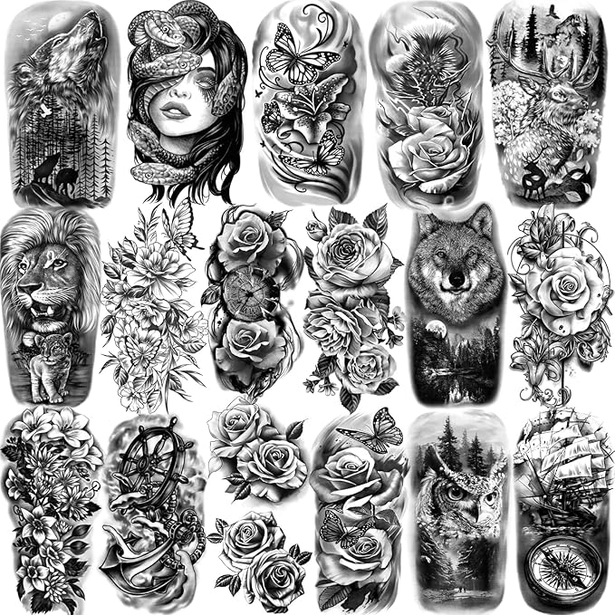 77 Sheets Temporary Tattoo for Men and Women, 17 Sheets Half Arm Chest Shoulder Fake Tattoos, 60 sheets Tiny Black for Adults, Waterproof Realistic Tattoos Long-Lasting