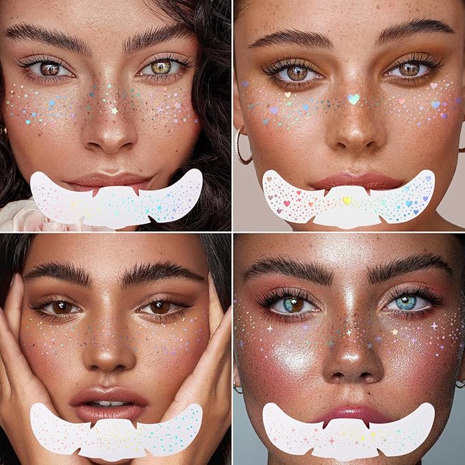 8 PCS Holographic Multicolor Glitter Freckles Face Tattoo, Makeup Patch, Faux Freckles Waterproof Temporary Tattoos Cute Glitter For Women and Kids Halloween Christmas (8PcsA Holographic Multicolor)
