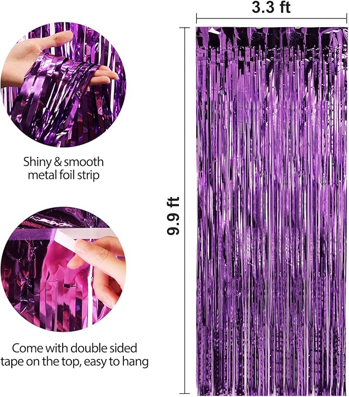 Crosize 3 Pack 3.3 x 9.9 ft Purple Foil Fringe Backdrop Curtain, Streamer Backdrop Curtains, Streamers Birthday Party Decorations, Tinsel Curtain for Parties, Galentines Decor