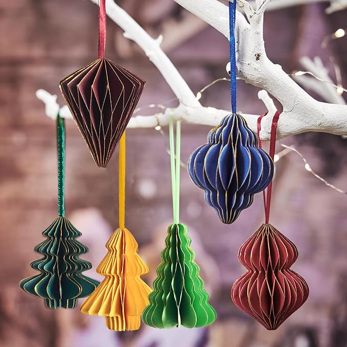 Paper Christmas Tree Ornaments, Red and Green Xmas Party Decorations, 6PCS 3D Mini Glitter Edges Paper Honeycomb Ornaments for Xmas, New Years, Holiday Home Decor