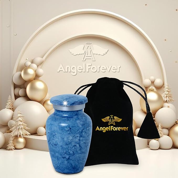 Small Keepsake Urn for Human or Pet Ashes – Handcrafted Light Blue Marble Mini Urn with Velvet Bag & Gift Box | Durable Metal Memorial Token Jar for Baby, Infant, Pet or Loved One – 3 Cu in
