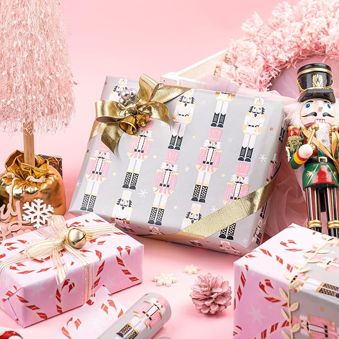 WRAPAHOLIC Reversible Nutcracker Christmas Wrapping Paper - Mini Roll - 17 Inch x 33 Feet - Nutcracker and Candy Cane Design Printed on Pearlized Paper for Chrsitmas, Holiday, Party Celebration
