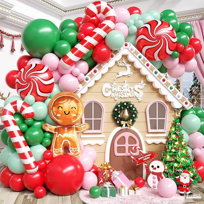 Christmas Balloon Arch Kit, Gingerbread Man Balloon Garland with Green Pink Latex Balloons Candy Cane Foil balloons for Christmas Party Decorations New Year Xmas Party Supplies