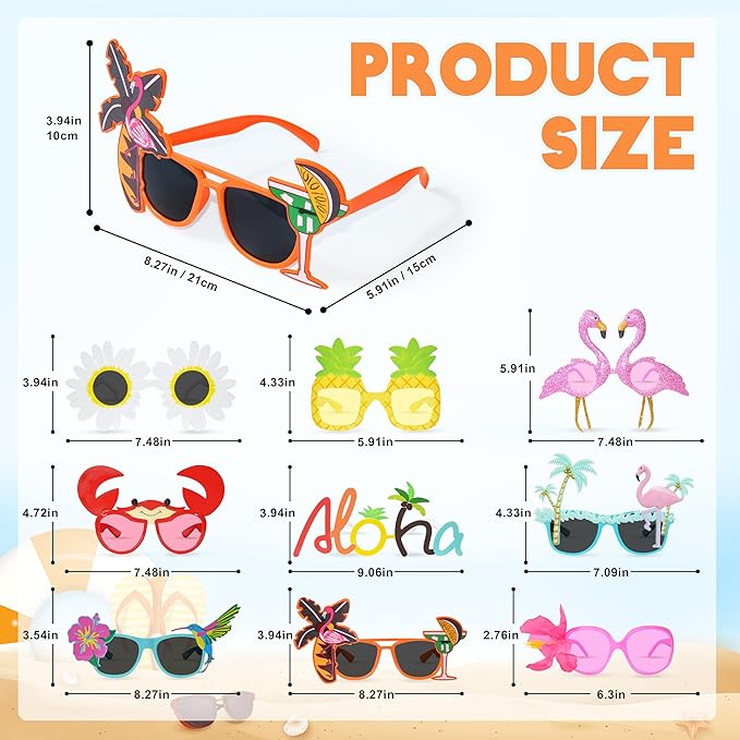 Hawaiian Luau Party Sunglasses 9 Pairs Novelty Party Sunglasses Pool Tropical Beach Themed Party Supplies Decoration Summer Party Favors