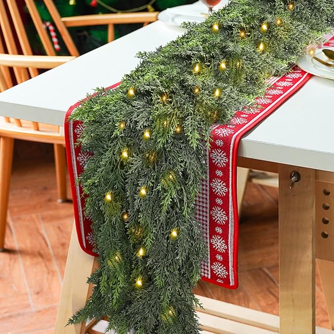 9FT Thick Pre-lit Christmas Garlands with 240 Cedar Branches, 50 Lights, Green Cedar Garland for Christmas Decorations, Artificial Greenery Garland for Table Mantle Wall Indoor Outdoor Holiday Decor