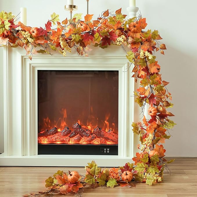 MIZII Fall Decor Artificial Maples Leaf Pumpkin Garland 10FT Autumn Maple Vines Garland Thanksgiving Halloween Harvest Decorations for Home Porch Mantle Fireplace Farmhouse Outdoor Indoor (10FT,Maple)