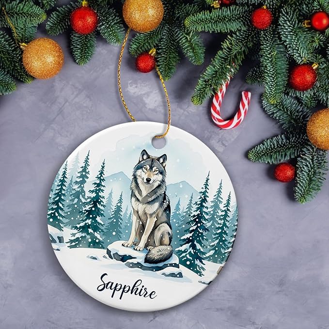 Personalized Wolf Wild Animal Ornament 2025, Winter Animal Keepsake, Gift for Friends Coworkers Him Her, Animals Decoration for Christmas Birthday Holiday, Customized Name Wolf Ceramic Ornament
