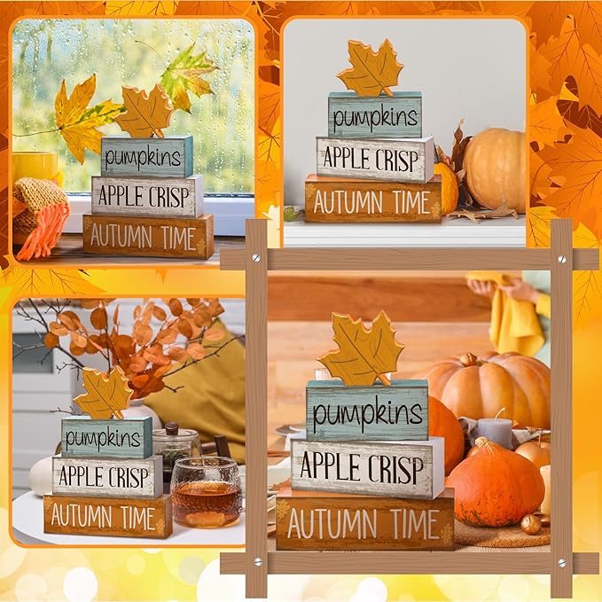 4 Pcs Thanksgiving Decoration for Home Wooden Maple Leaf Fall Tiered Tray Decor Thanksgiving Centerpiece Rustic Decorative Maple Leaf Block Signs Gift Farmhouse Autumn Decoration for Home