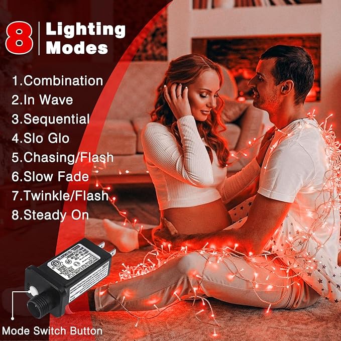 800 LED Christmas Lights Outdoor Indoor, String Lights for Outside with 8 Modes Waterproof, Plug in Twinkle Light Clear Wire for Bedroom Tree, Wedding, Garden, Party Decorations, Red