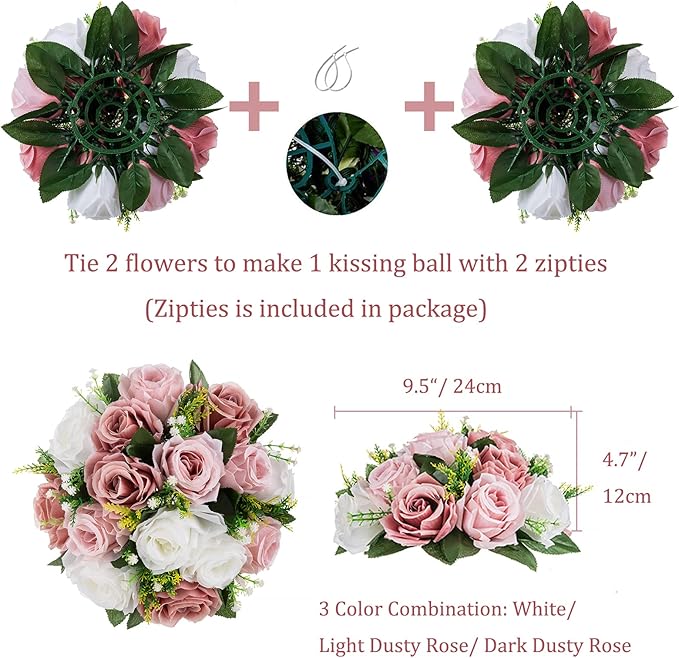BLOSMON Dusty Rose Flowers Decoration: 2 Pcs Pink Artificial Flowers Balls for Wedding Dinning Table Centerpieces - Fake Silk Kissing Floral Arrangement for Home Party Event