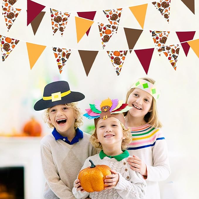 32Ft Thanksgiving Party Decorations Burgundy Brown Fall Banner Fabric Triangle Flag Pennant Garland Streamers for Happy Fall Thanksgiving Day Harvest Autumn Birthday Baby Shower Outdoor Garden Decor