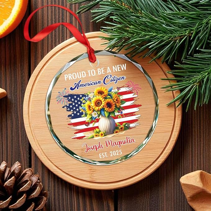 Proud to Be A New American Citizen Glass Christmas Ornament 2025, Custom USA Flag Xmas Ornament Gift for Grandma Wife Mom Immigrants Naturalization, Personalized Name USA Citizenship Decor Ornaments