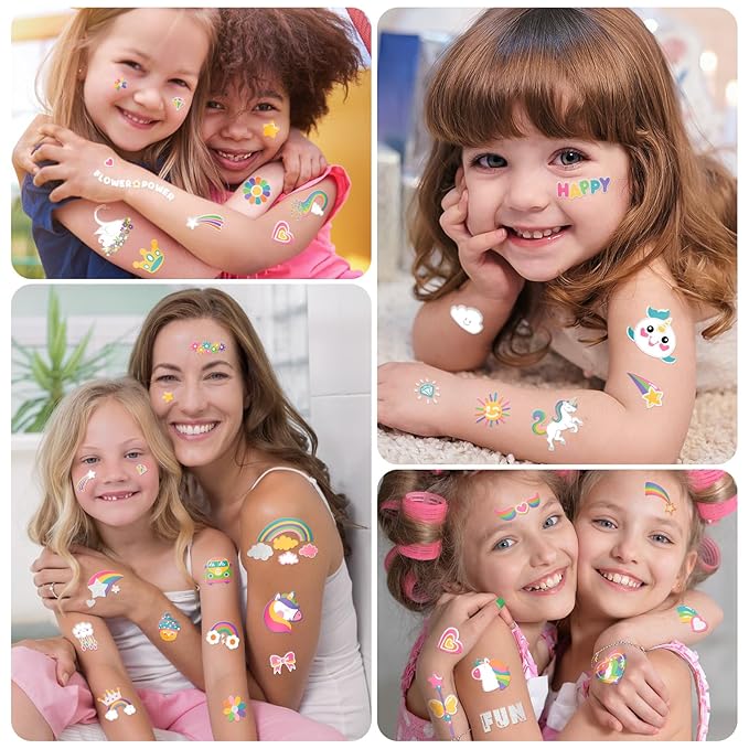 Unicorn Rainbow Temporary Tattoos for Kids, 118 Pcs Metallic Fake Tattoos | Unicorn Birthday Party Supplies Favor, Cute Rainbow Flower Design, 4 Sheets Bronzing Tattoos for Boy and Girls