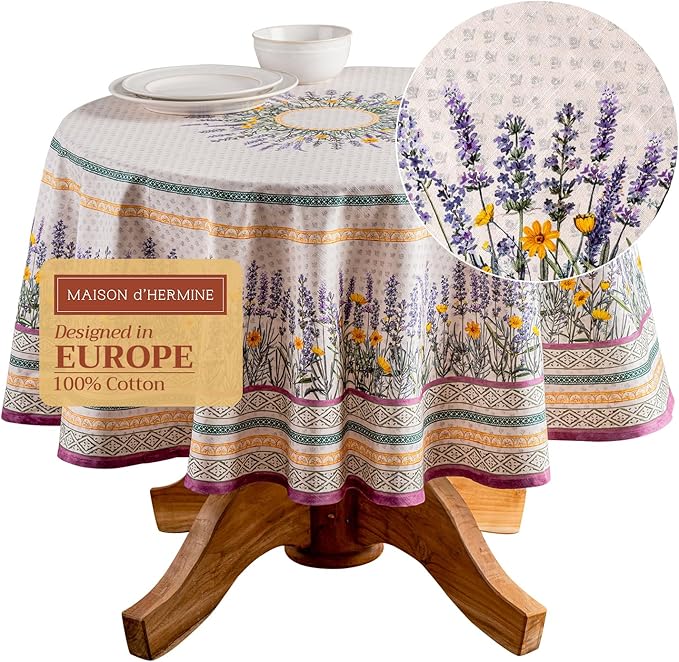 Maison d' Hermine Table Cloth Round Table 100% Cotton 69 Inches Tablecloth Reusable Decorative Everyday Use for Dining Room, Farmhouse, Home, Party, Festive & Wedding Spring Summer - Fanny Lavender