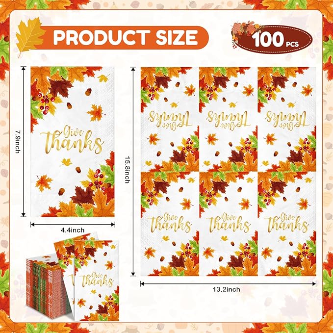 100Pcs Thanksgiving Napkins 3-Ply Disposable Fall Guest Paper Napkins for Thanksgiving Harvest Holiday Party,Give Thanks Autumn Maple Leaves Hand Paper Towels for Bathroom Kitchen Dinner Home Supplies