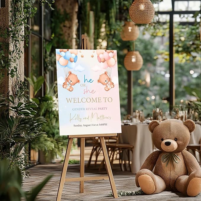 Gender Reveal Welcome Sign – Teddy Bear Balloon Theme,Personalized Teddy Bear Gender Reveal Welcome Sign, He or She Yard Sign, Boy or Girl Gender Reveal Sign, We Can Bearly Wait Gender Reveal .15