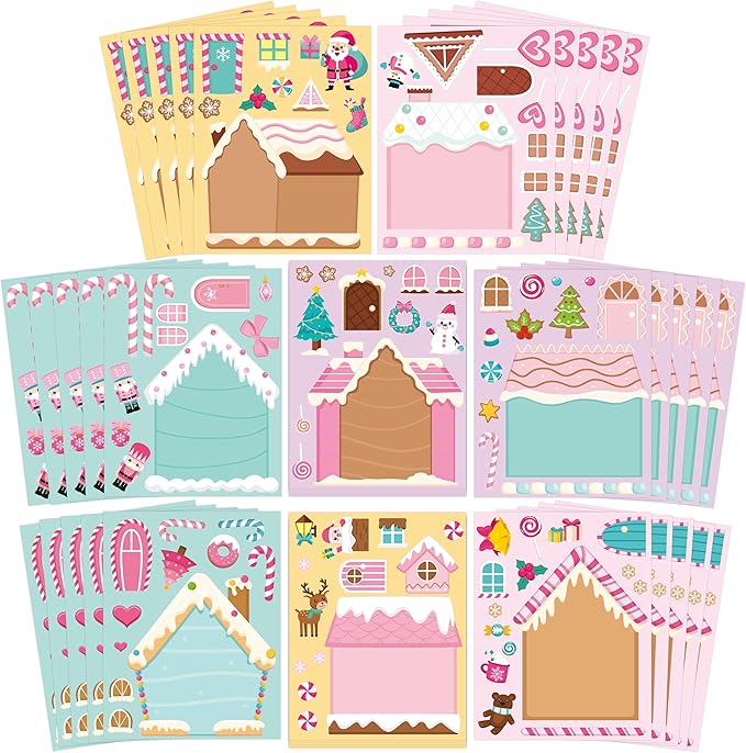 CY2SIDE Christmas Gingerbread House Stickers - 40PCS Pink Gingerbread House Make a Face Sticker Sheets for Kids School Reward, DIY Santa Claus Sticker Game Xmas Winter Party Favor for Home Fun Project