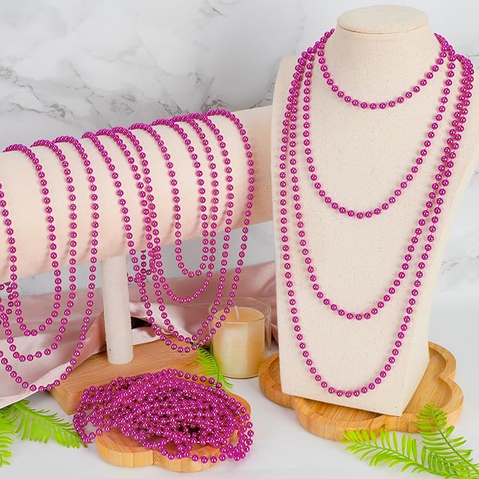 24 PCS Mardi Gras Beads, 33" Rosered Beaded Necklace, Breast Cancer Awareness Accessories, Carnival Beads Parade Throws for Baby Shower Decorations Festive Event Pirate Party Favors New Year Eve