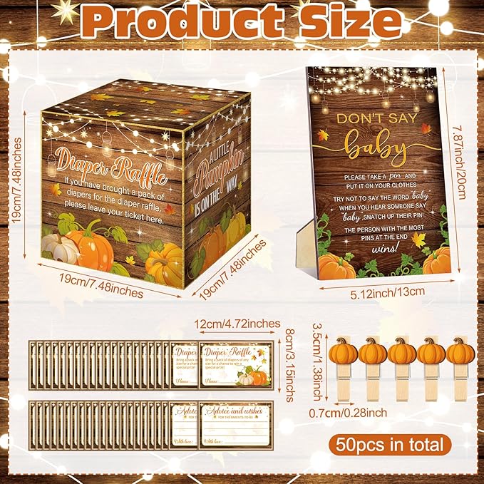 102 Pcs Fall Thanksgiving Baby Shower Game Supplies Diaper Raffle Tickets with Diaper Raffle Card Box Don't Say Baby Sign Mini Fall Pumpkin Clothespin Game Decor for Gender Reveal Favor
