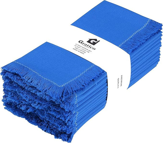 Dinner Cloth Napkins Set of 12, Premium Soft Cotton 20x20 Inches, Highly Absorbent, Hotel Quality Reusable & Washable Dinner Napkins With Fringe Corner Napkins For Home & Weddings - Royal Blue