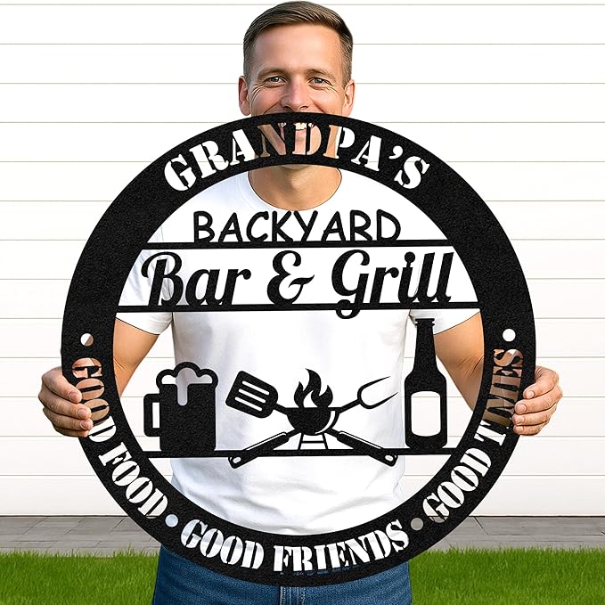 Custom BBQ Grill Metal Sign Personalized Name Wall Art for Outdoor Barbecue Patio Kitchen Backyard Decor Gift for Dad Husband Men Papa Grandpa Father Grilling Enthusiasts Family Lover Funny Gifts 47