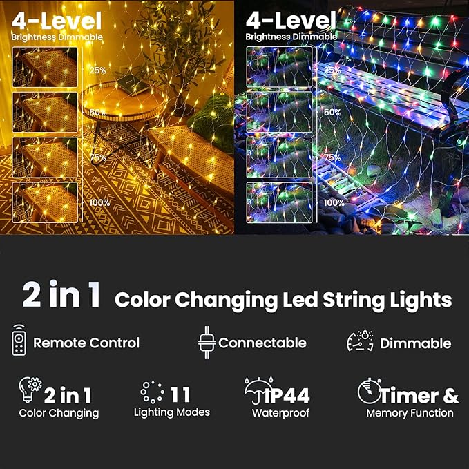 11.5ft x 5ft Color Changing Christmas Net Lights, 360 LED Bush Mesh Light with Remote, 11 Modes Color Changing Warm White & Multicolor Christmas Lights, Plug in Fairy Twinkle Light for Yard Xmas Decor