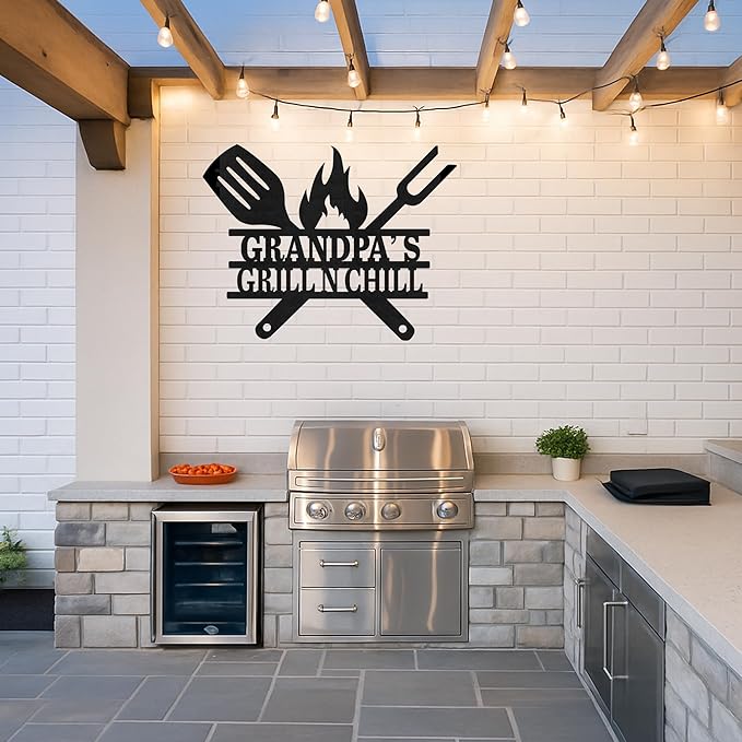 Custom BBQ Metal Sign Personalized Grill Name Wall Art for Outdoor Kitchen Patio Backyard Decor Fathers Gift for Dad Grandpa Husband Barbecue Smoker Area Sign, Grilling Lover Gifts 56