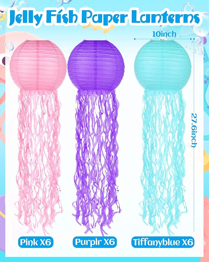 18 Pcs Jellyfish Paper Lanterns Jellyfish Lantern Hanging Decoration Ocean Theme Party Supplies Mermaid Birthday Decorations for Baby Shower Under The Sea Birthday Party Supplies(Vintage Color)